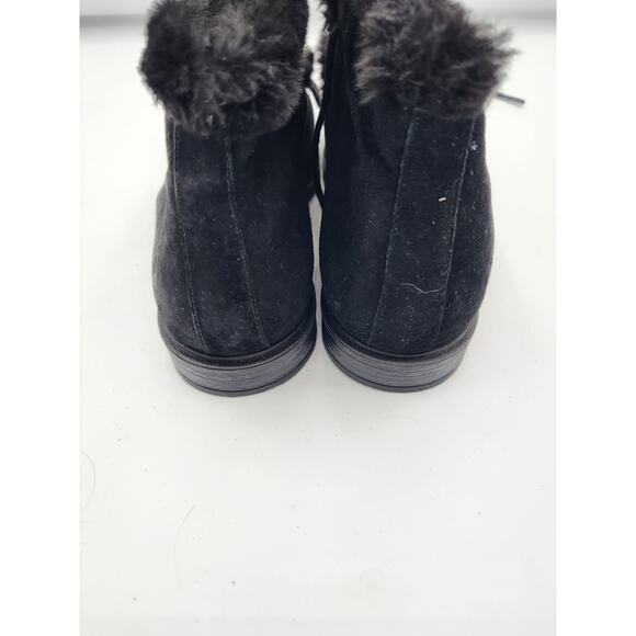 Black Suede Ankle Boots with Faux Fur Trim, Lace-Up Closure - Picture 3 of 15